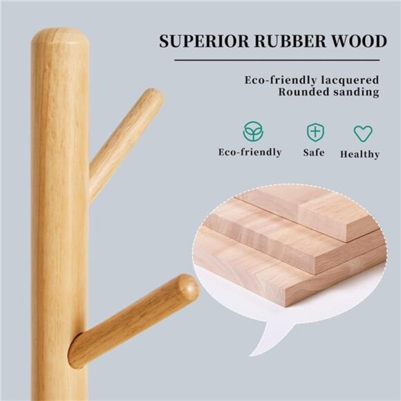 Wooden Coat Rack, Free Standing Coat Stand with 8 Hooks and 3 Height Options - Picture 6 of 7